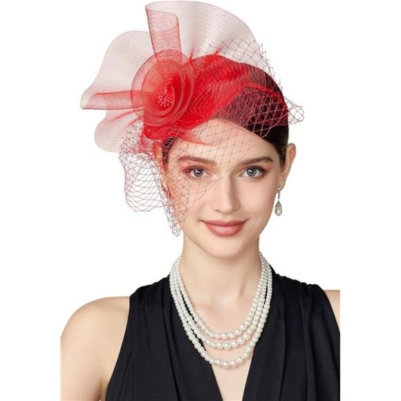 Tea Party Hat Kentucky Fascinator Derby Flower Red - Picture 1 of 7